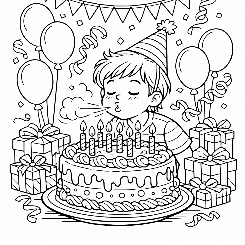 Free printable coloring page: Birthday Cake And Candles, for ages 7-12