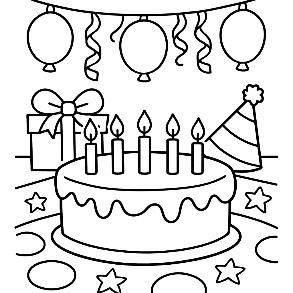 Free printable coloring page: Object Only: A Cute Birthday With Clean Outlines,…, for ages 3-6