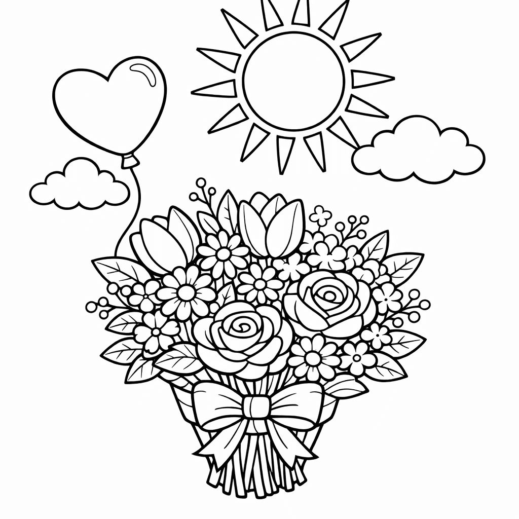 Free printable coloring page: Heart And Flowers, for ages 7-12