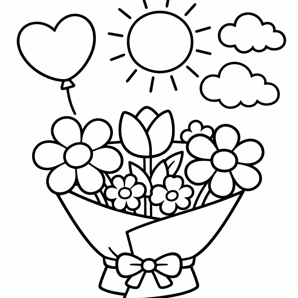 Free printable coloring page: Mothers Day Bouquet, for ages 3-6