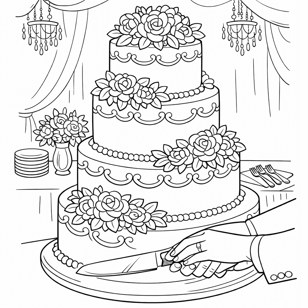 Free printable coloring page: Wedding Cake, for ages 7-12