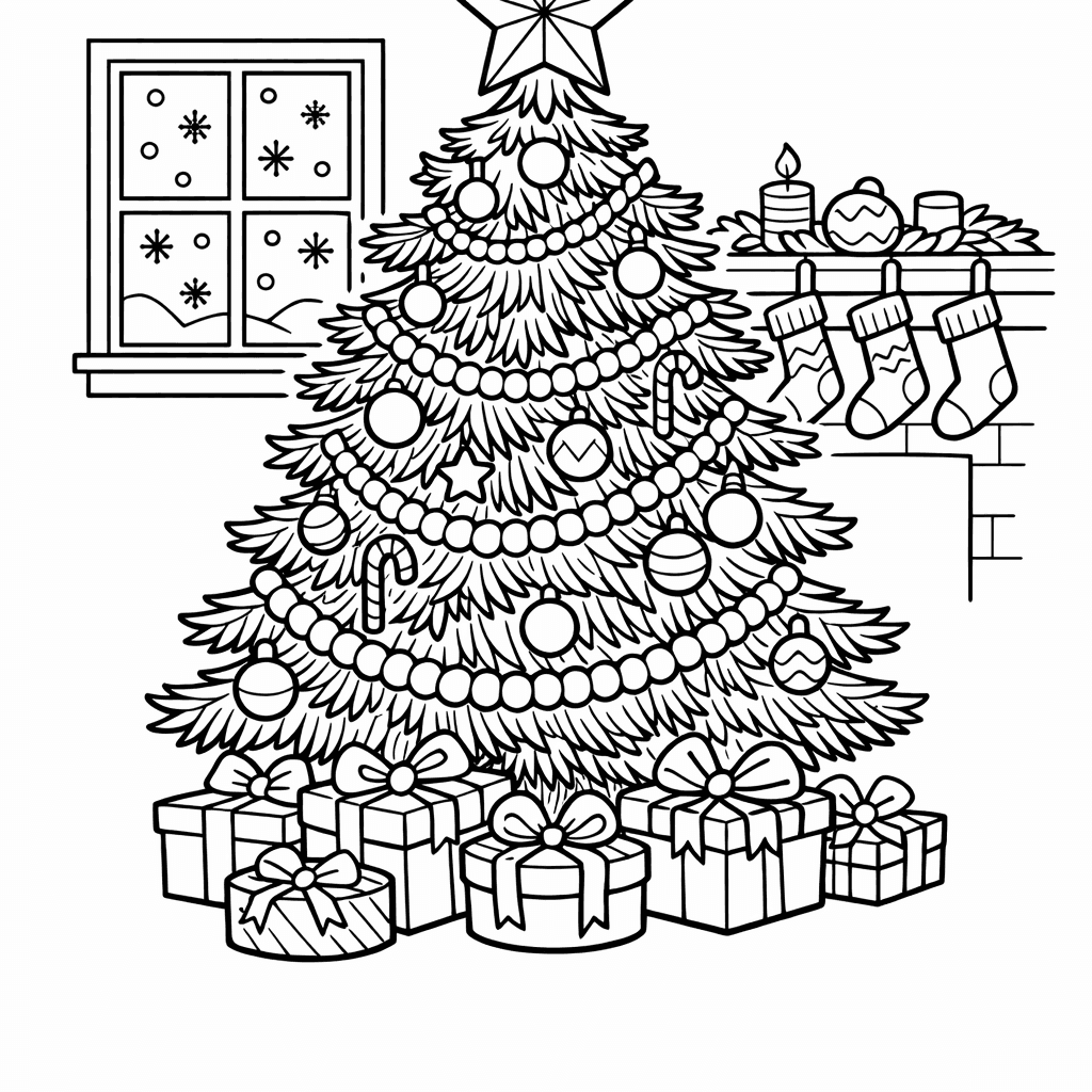 Free printable coloring page: Tree And Lights, for ages 7-12