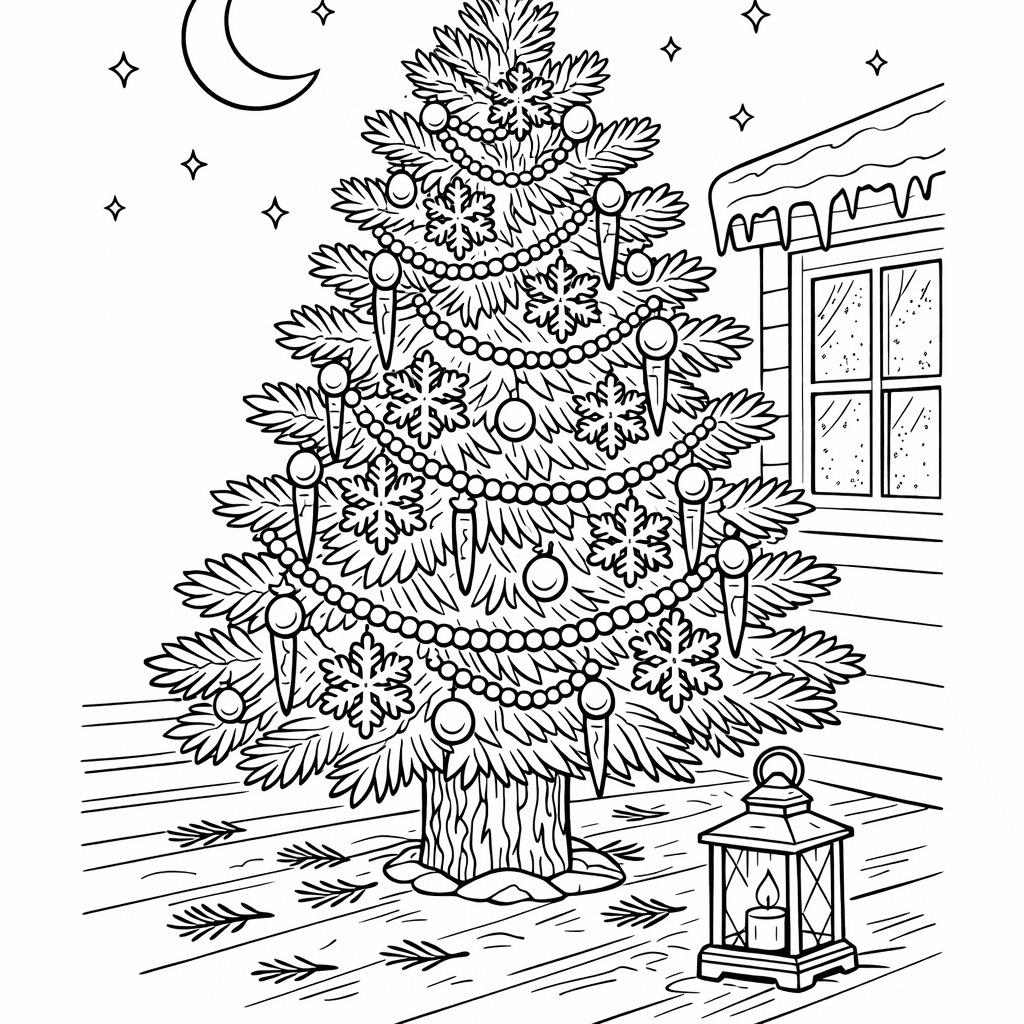 Free printable coloring page: Christmas Tree With Ornaments, for ages 7-12