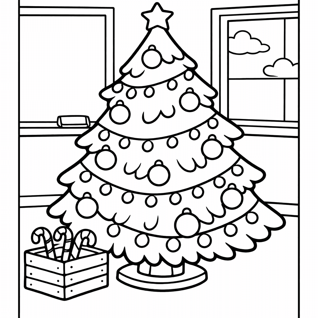 Free printable coloring page: Tree And Presents, for ages 3-6