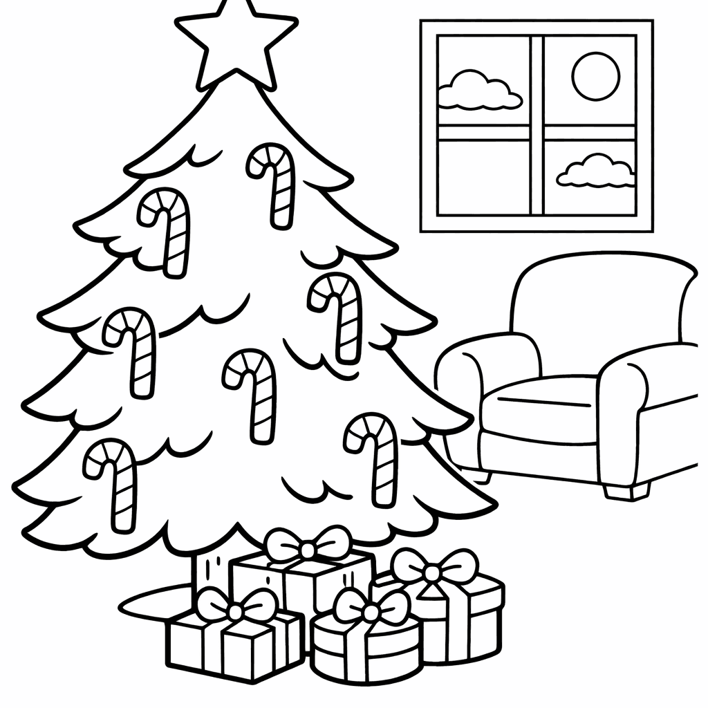 Free printable coloring page: Tree And Lights, for ages 3-6