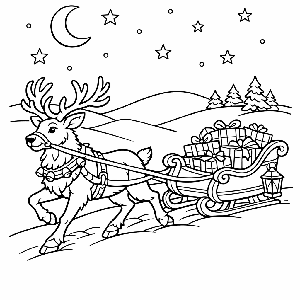 Free printable coloring page: Reindeer And Sleigh, for ages 3-6