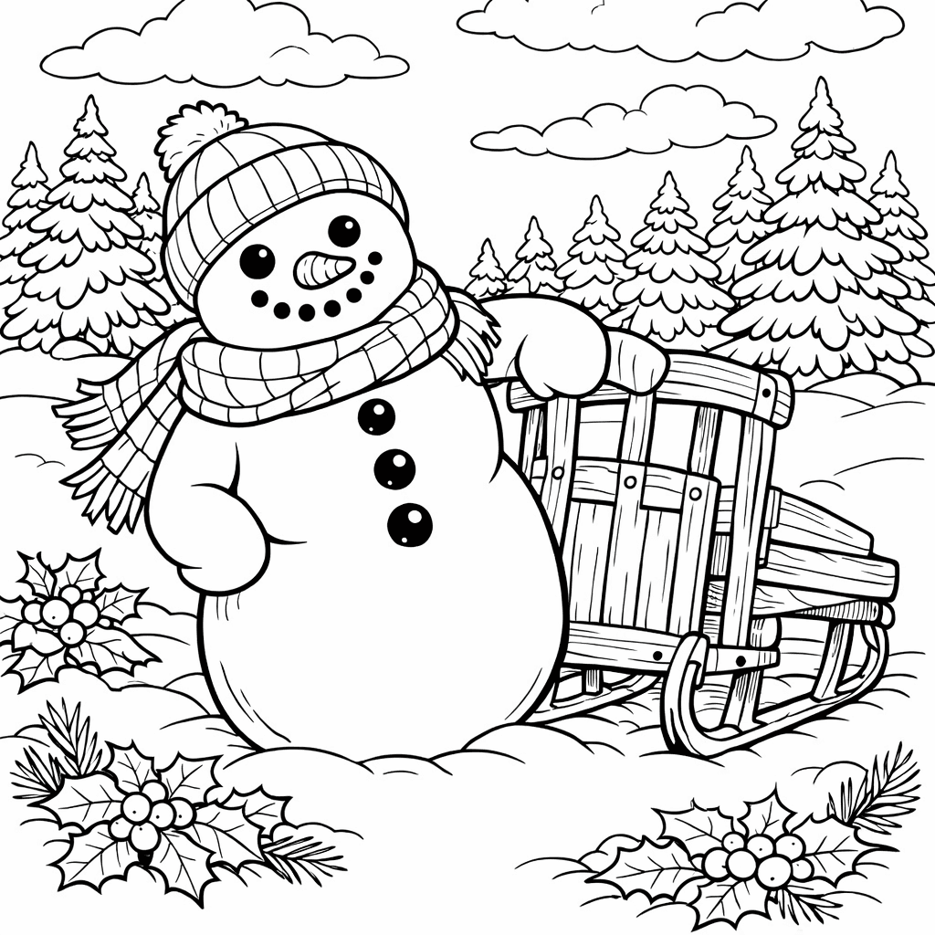 Free printable coloring page: Object Only: A Cute Snowman With Clean Outlines, No Background, for ages 7-12