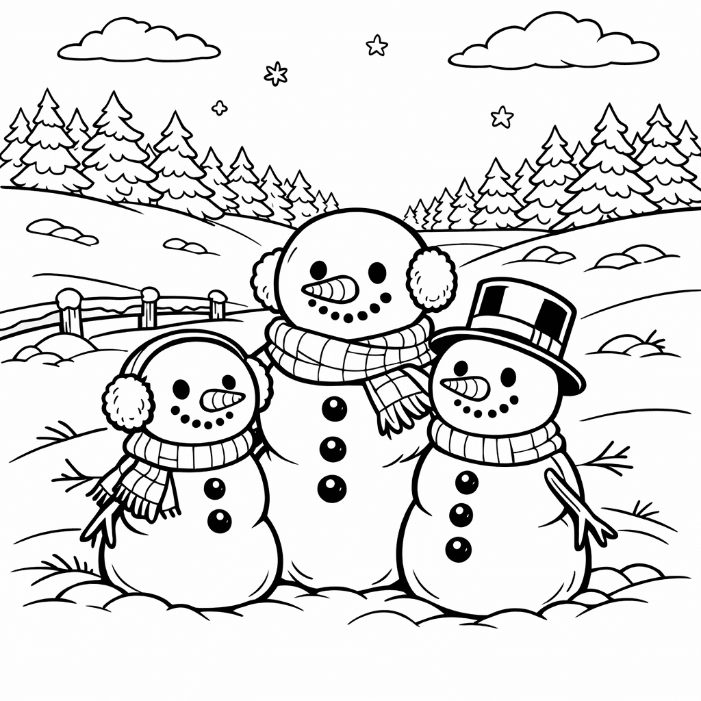 Free printable coloring page: Object Only: A Cute Snowman With Clean Outlines,…, for ages 7-12