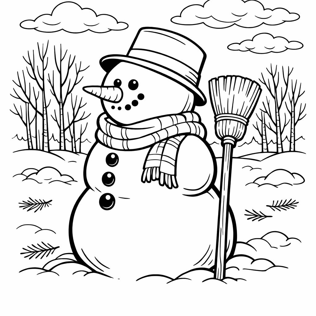 Free printable coloring page: Snowman With Hat, for ages 7-12
