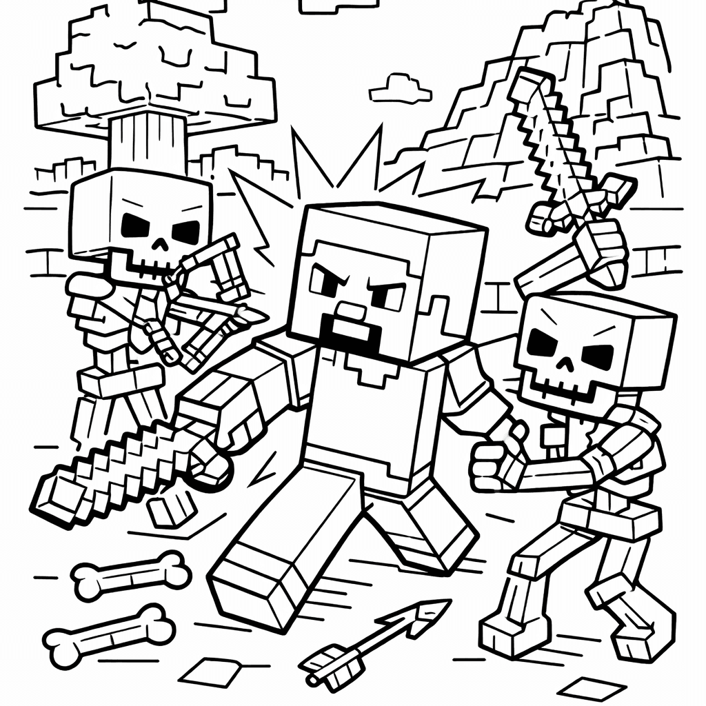 Free printable coloring page: Steve from minecraft figthting skeletons Coloring Page, for ages 3-6
