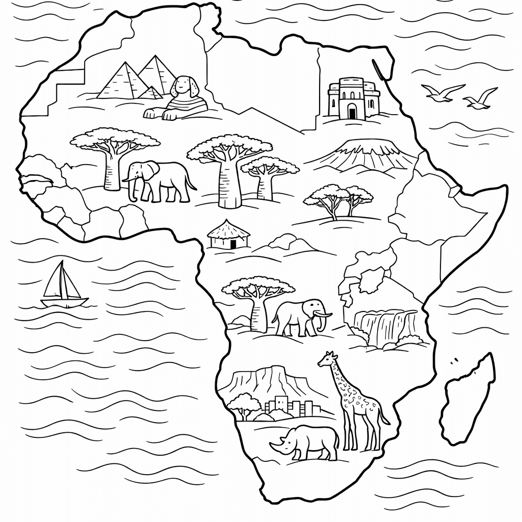 Free printable coloring page: Africa Map, for ages 7-12