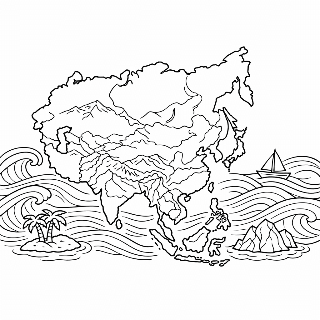 Free printable coloring page: Object Only: A Cute Asia With Clean Outlines,…, for ages 7-12