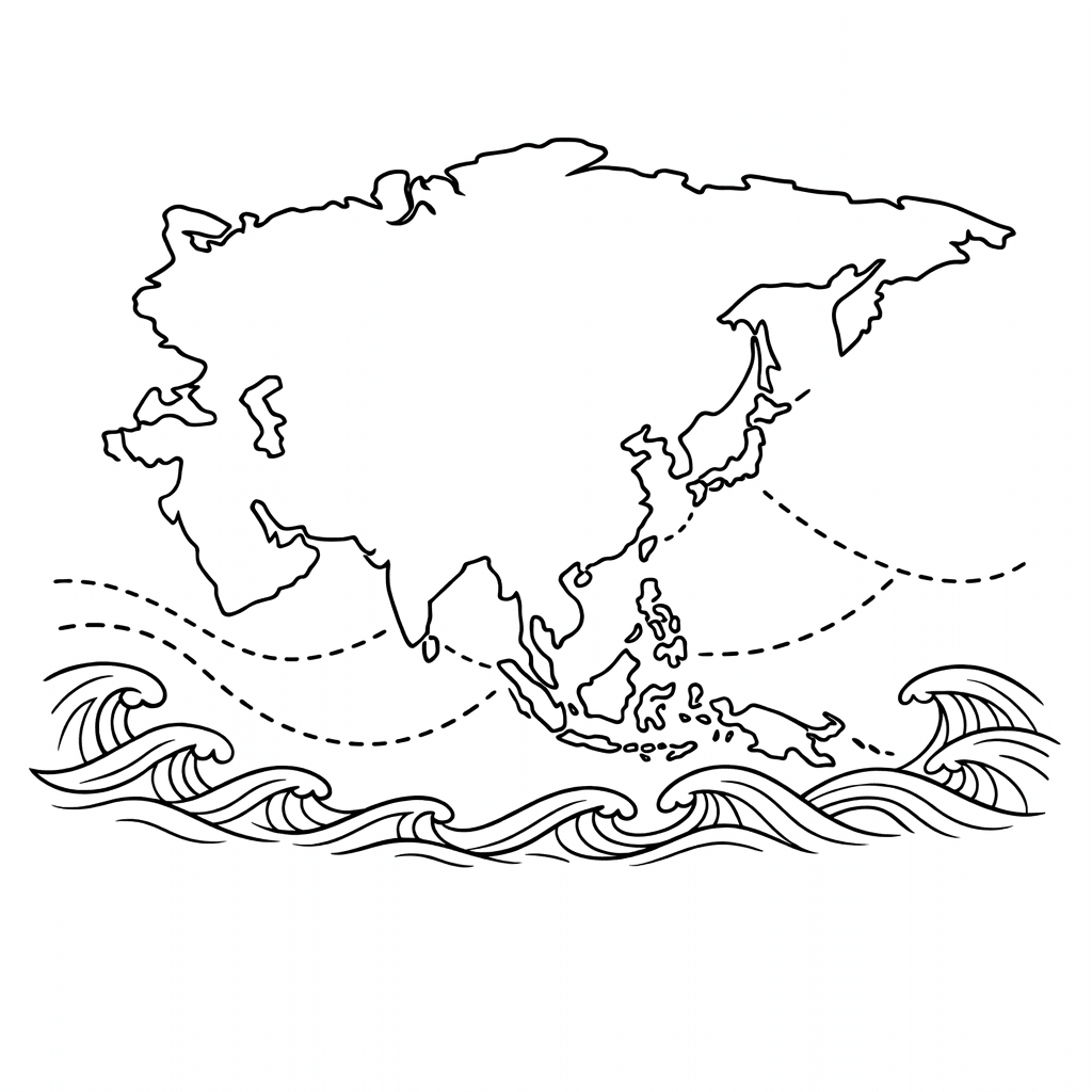 Free printable coloring page: Asia And Oceans, for ages 7-12