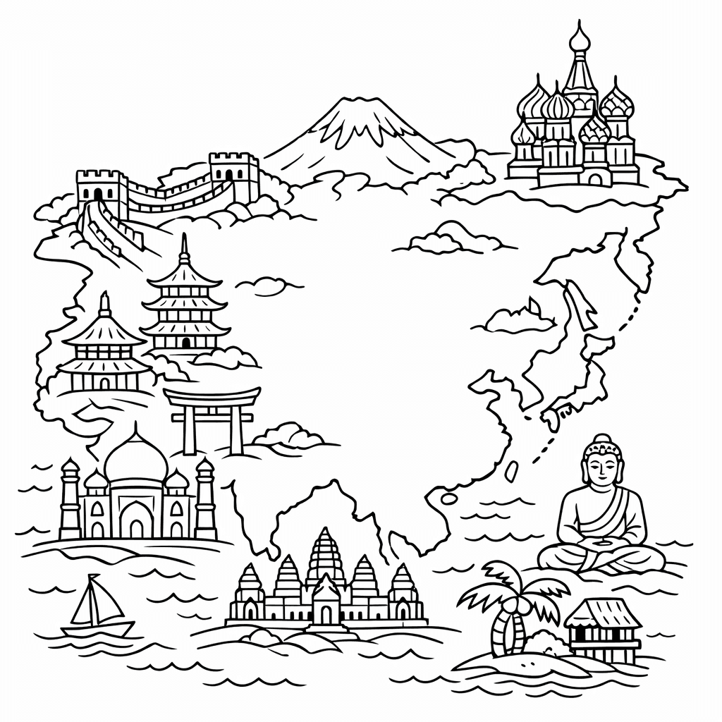 Free printable coloring page: Asia Outline, for ages 7-12