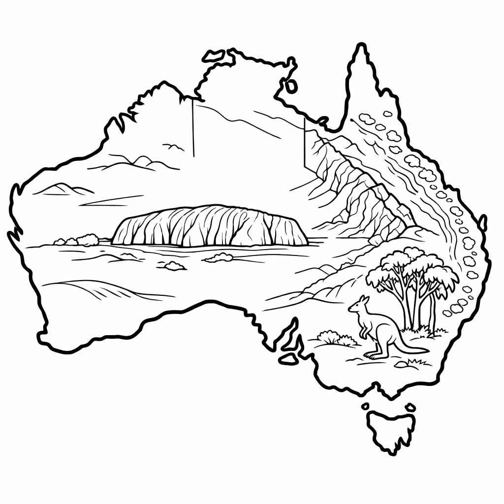 Free printable coloring page: Australia Map, for ages 7-12
