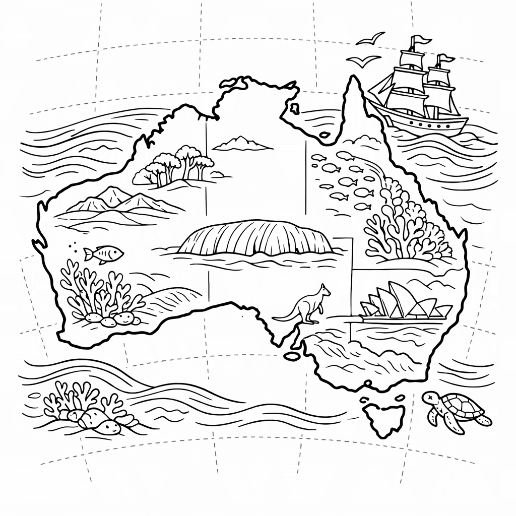 Free printable coloring page: Object Only: Two Or Three Australias Side By…, for ages 7-12