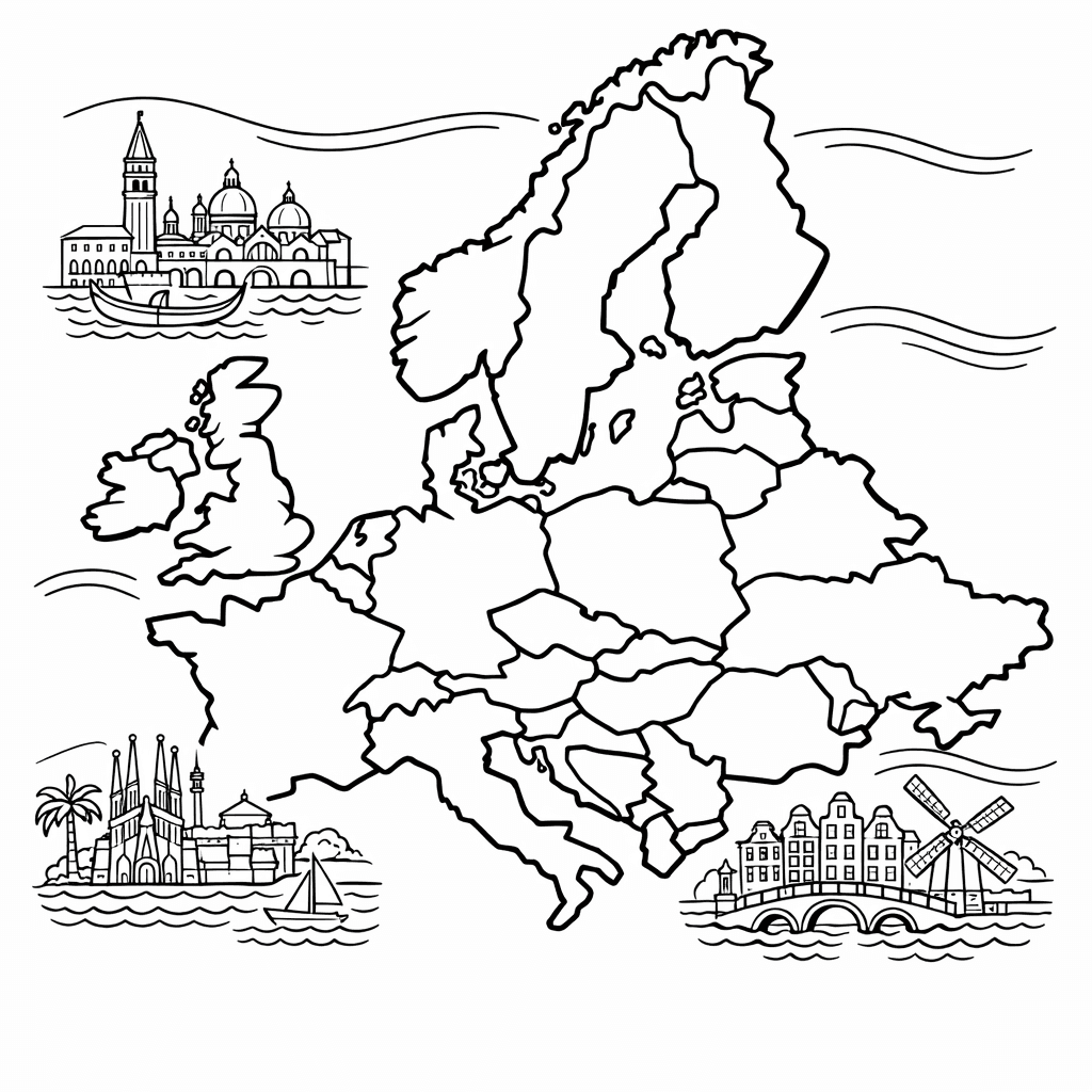 Free printable coloring page: Europe And Seas, for ages 7-12