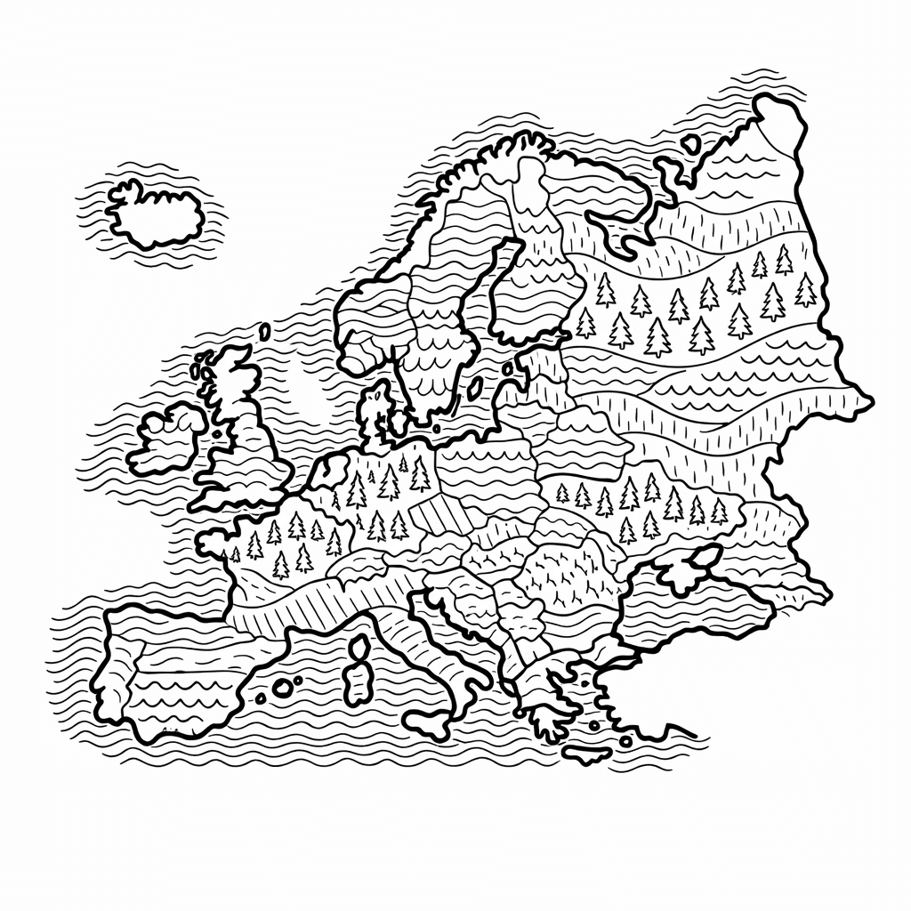 Free printable coloring page: Object Only: A Cute Europe With Clean Outlines,…, for ages 7-12
