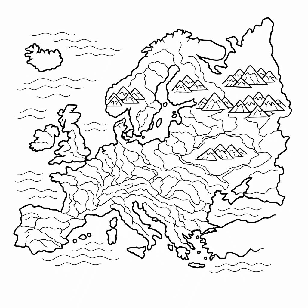 Free printable coloring page: Europe Outline, for ages 7-12