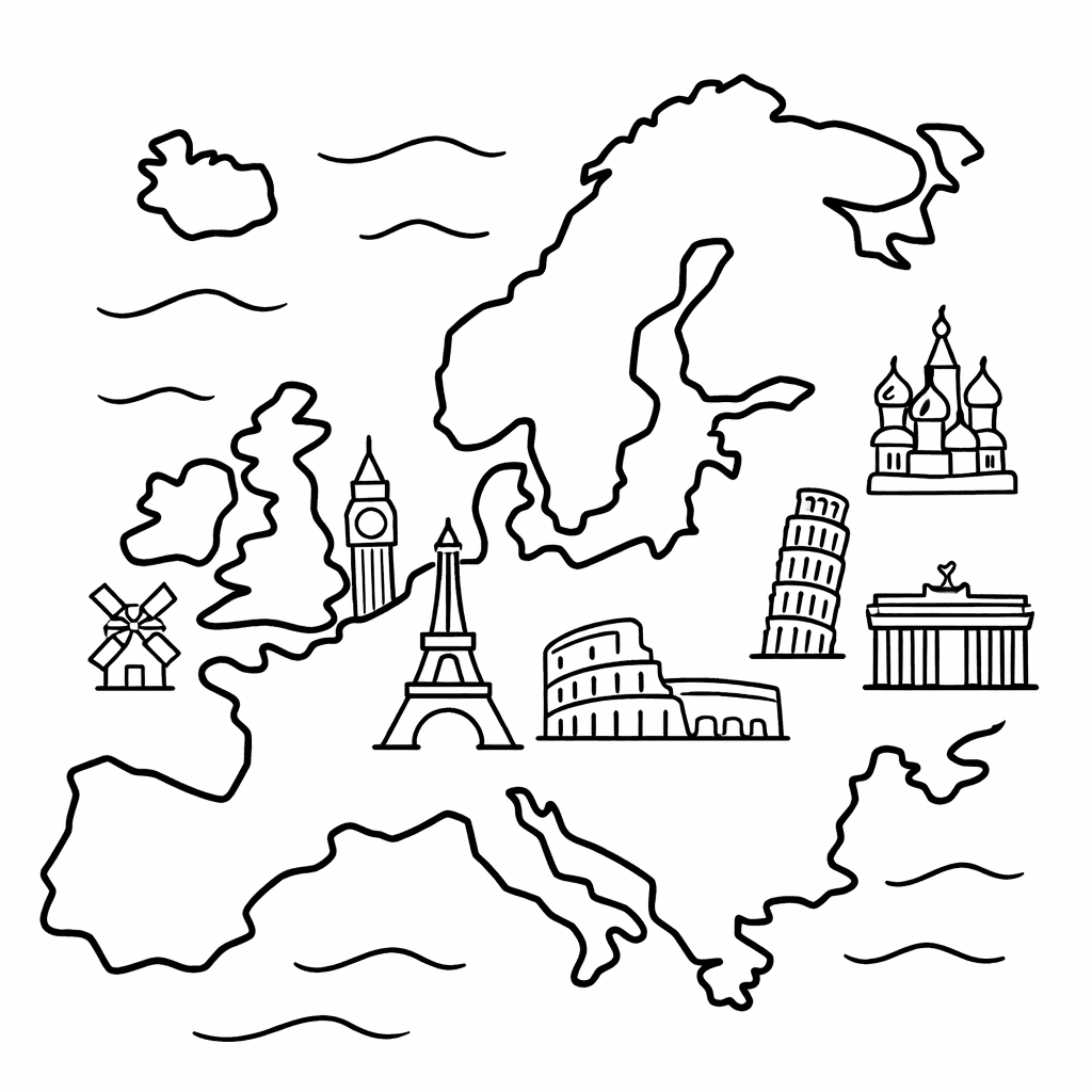 Free printable coloring page: Europe Outline Map, for ages 3-6