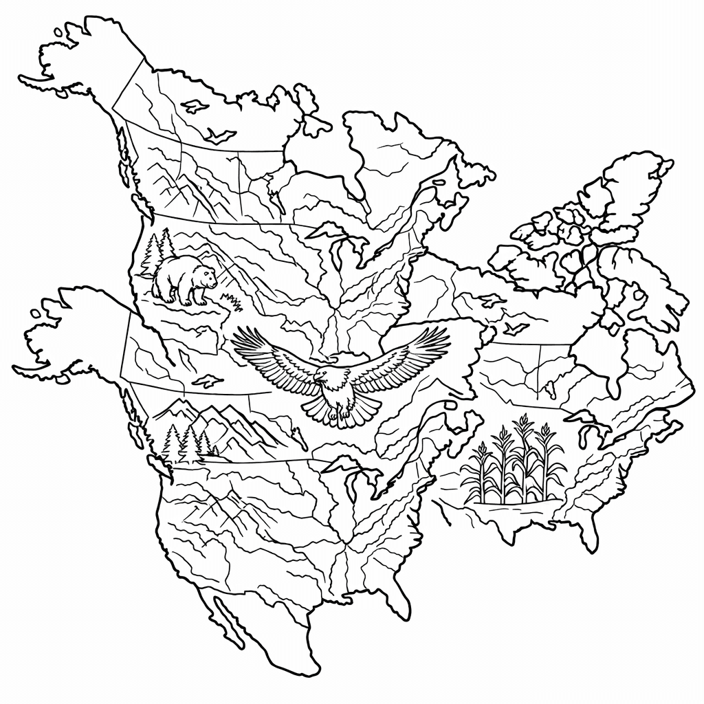 Free printable coloring page: Americas North, for ages 7-12