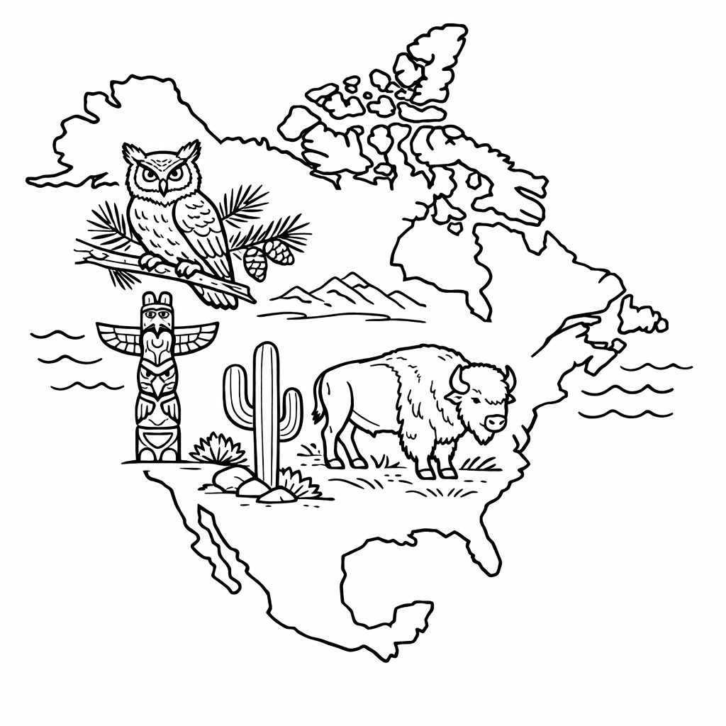Free printable coloring page: North America And Oceans, for ages 7-12