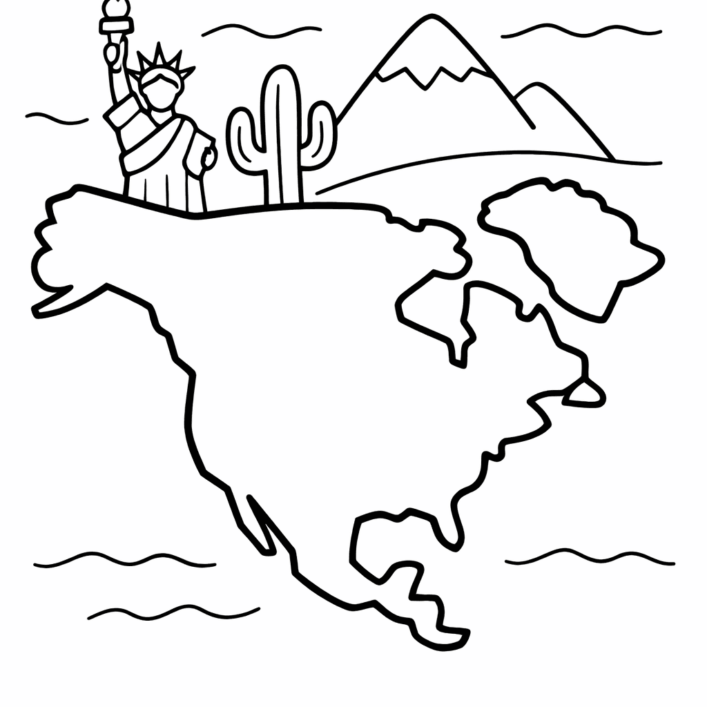 Free printable coloring page: Continent Map Simple, for ages 3-6