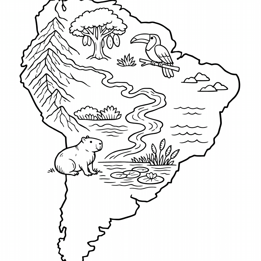 Free printable coloring page: Object Only: A Cute South America With Clean…, for ages 7-12