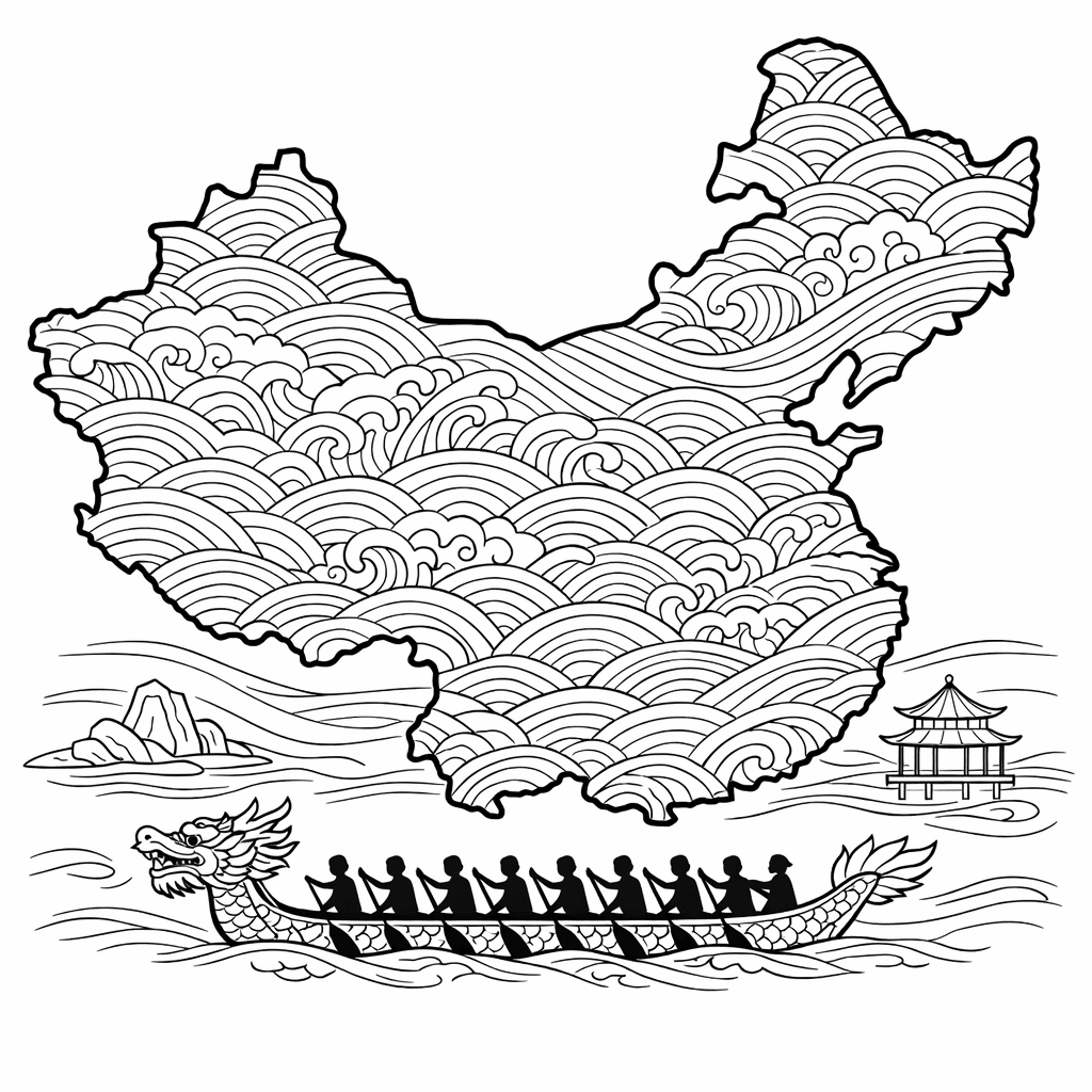 Free printable coloring page: Object Only: A Cute China With Clean Outlines,…, for ages 7-12