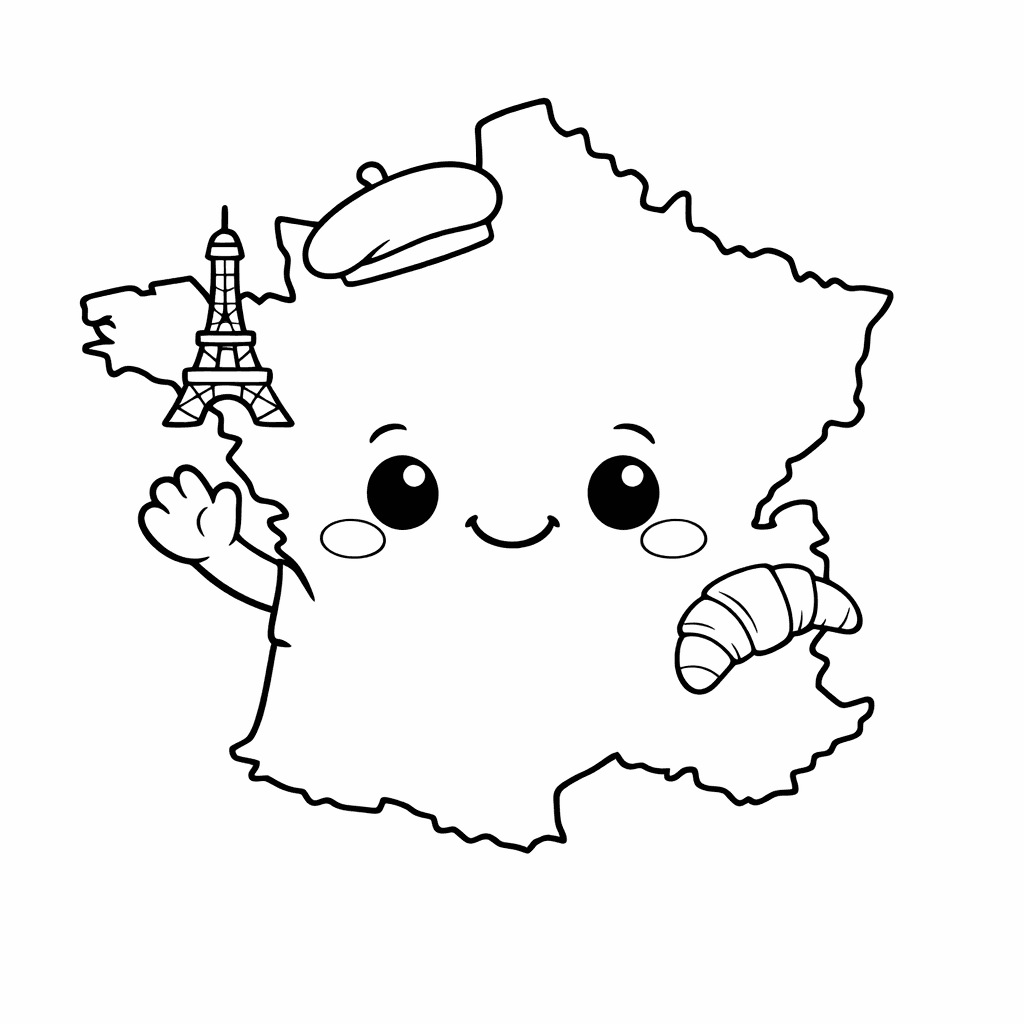 Free printable coloring page: Object Only: A Cute France With Clean Outlines,…, for ages 7-12
