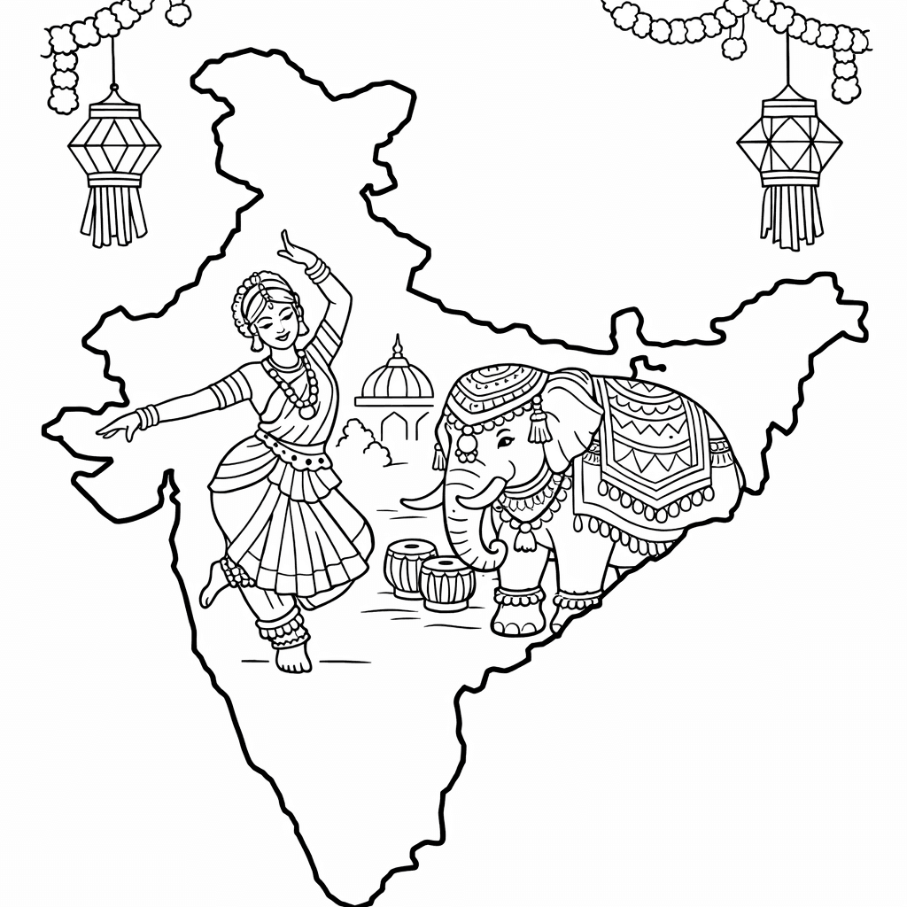 Free printable coloring page: India Outline, for ages 7-12