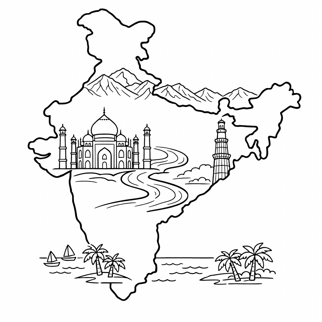 Free printable coloring page: Object Only: A Cute India With Clean Outlines,…, for ages 7-12