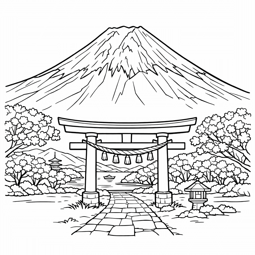Free printable coloring page: Object Only: A Cute Japan With Clean Outlines,…, for ages 7-12