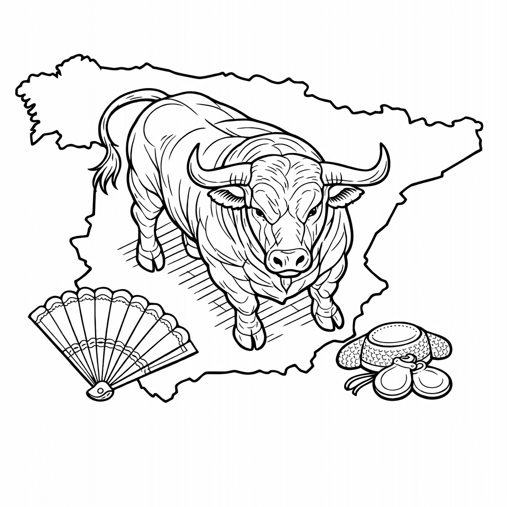 Free printable coloring page: Object Only: A Cute Spain With Clean Outlines,…, for ages 7-12