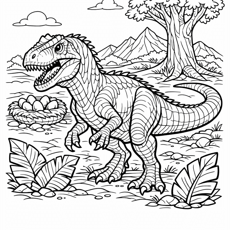 Free printable coloring page: Allosaurus And Volcano, for ages 7-12