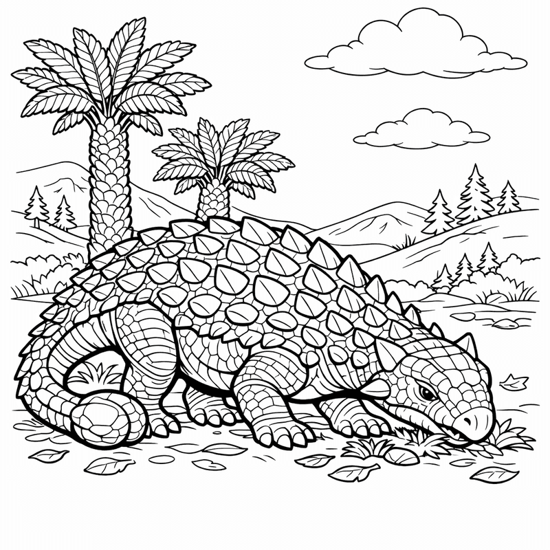 Free printable coloring page: Ankylosaurus In Forest, for ages 7-12