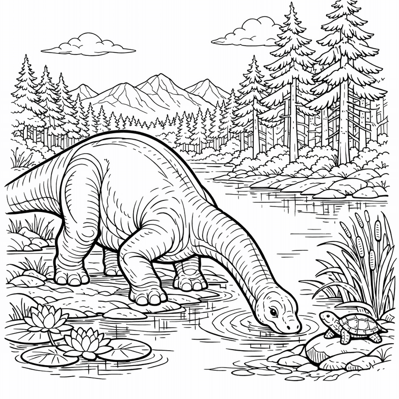 Free printable coloring page: Brontosaurus By Lake, for ages 7-12