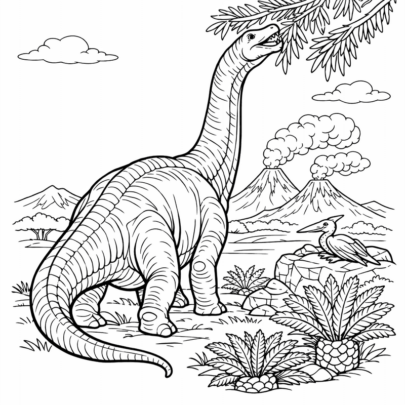 Free printable coloring page: Brontosaurus And Mountains, for ages 7-12