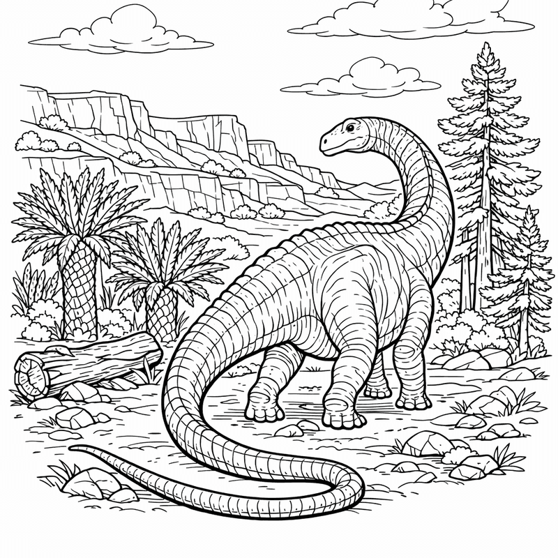 Free printable coloring page: Diplodocus And Trees, for ages 7-12