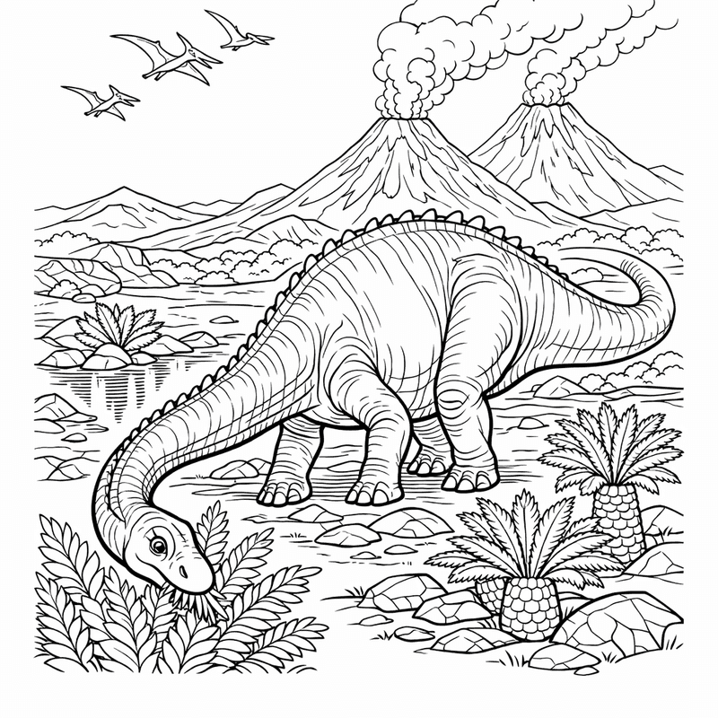 Free printable coloring page: Diplodocus And Trees, for ages 7-12
