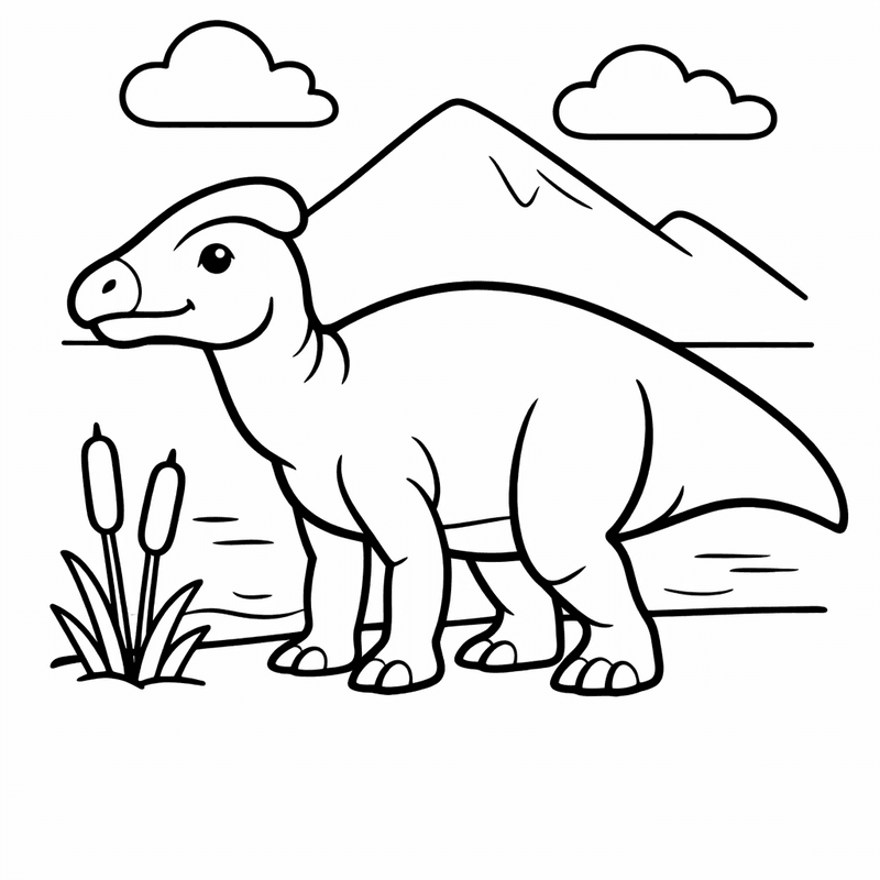 Free printable coloring page: Edmontosaurus By Lake, for ages 3-6