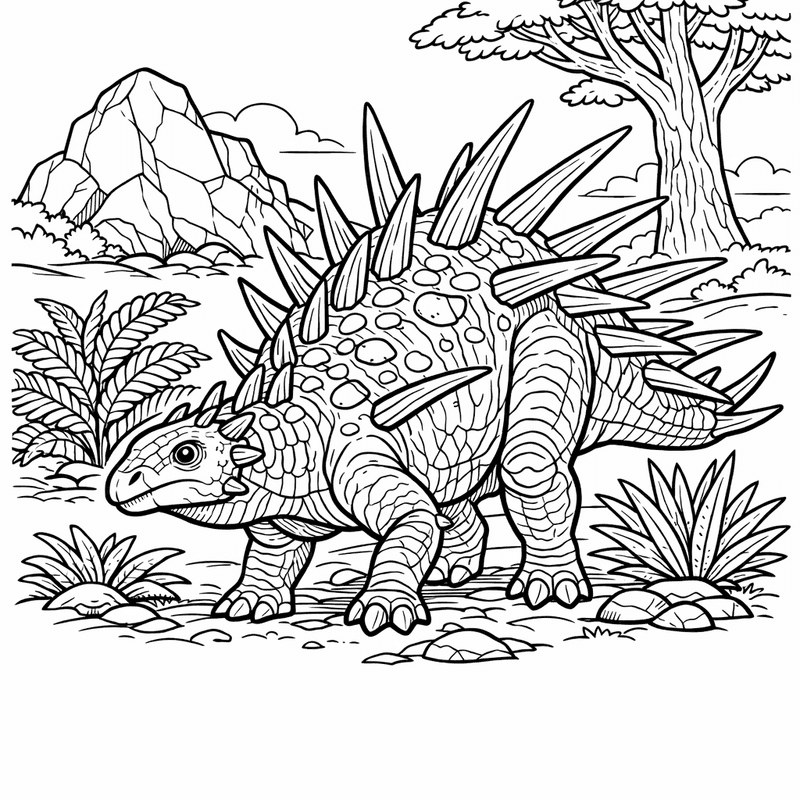 Free printable coloring page: Kentrosaurus In Forest, for ages 7-12