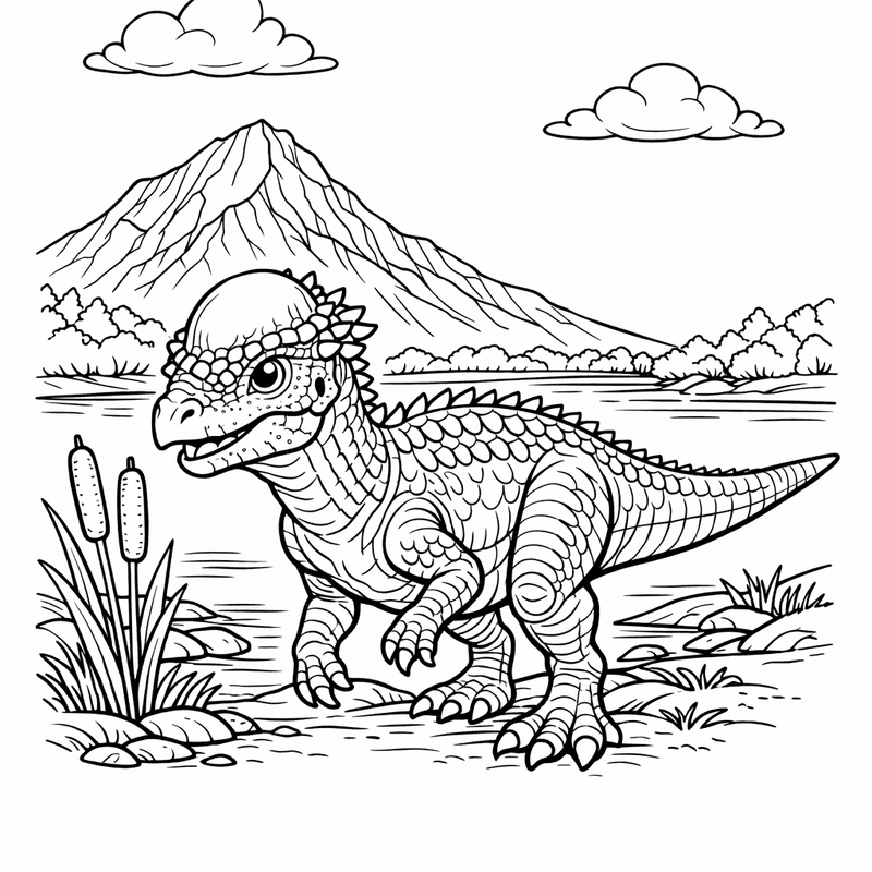 Free printable coloring page: Object Only: A Cute Pachycephalosaurus With Clean Outlines,…, for ages 7-12