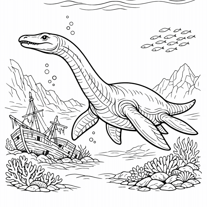 Free printable coloring page: Object Only: Two Or Three Plesiosaurs Side By…, for ages 7-12
