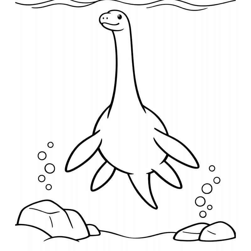 Free printable coloring page: Plesiosaur And Fish, for ages 3-6