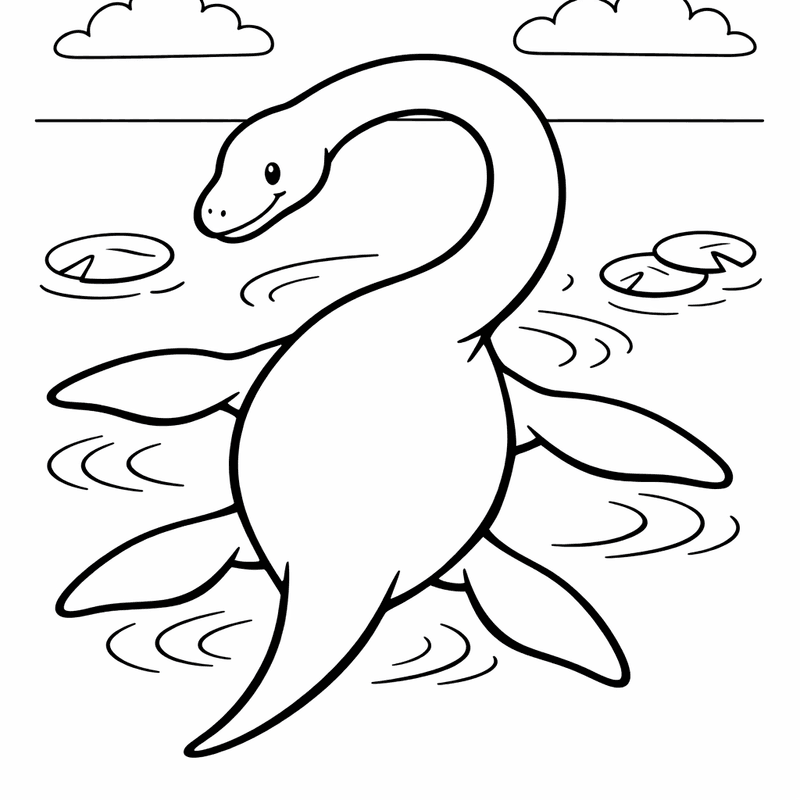 Free printable coloring page: Plesiosaur And Fish, for ages 3-6