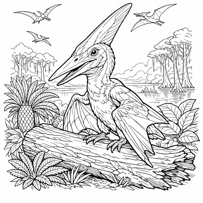 Free printable coloring page: Pteranodon Over Ocean, for ages 7-12