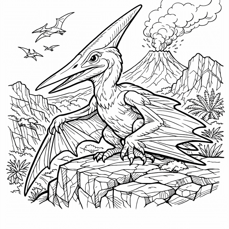 Free printable coloring page: Pteranodon On Cliff, for ages 7-12