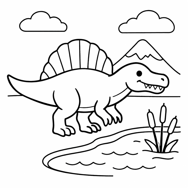 Free printable coloring page: Spinosaurus Fishing, for ages 3-6
