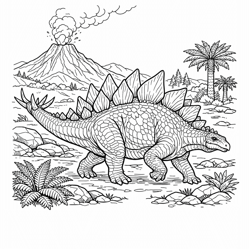 Free printable coloring page: Stegosaurus Eating, for ages 7-12